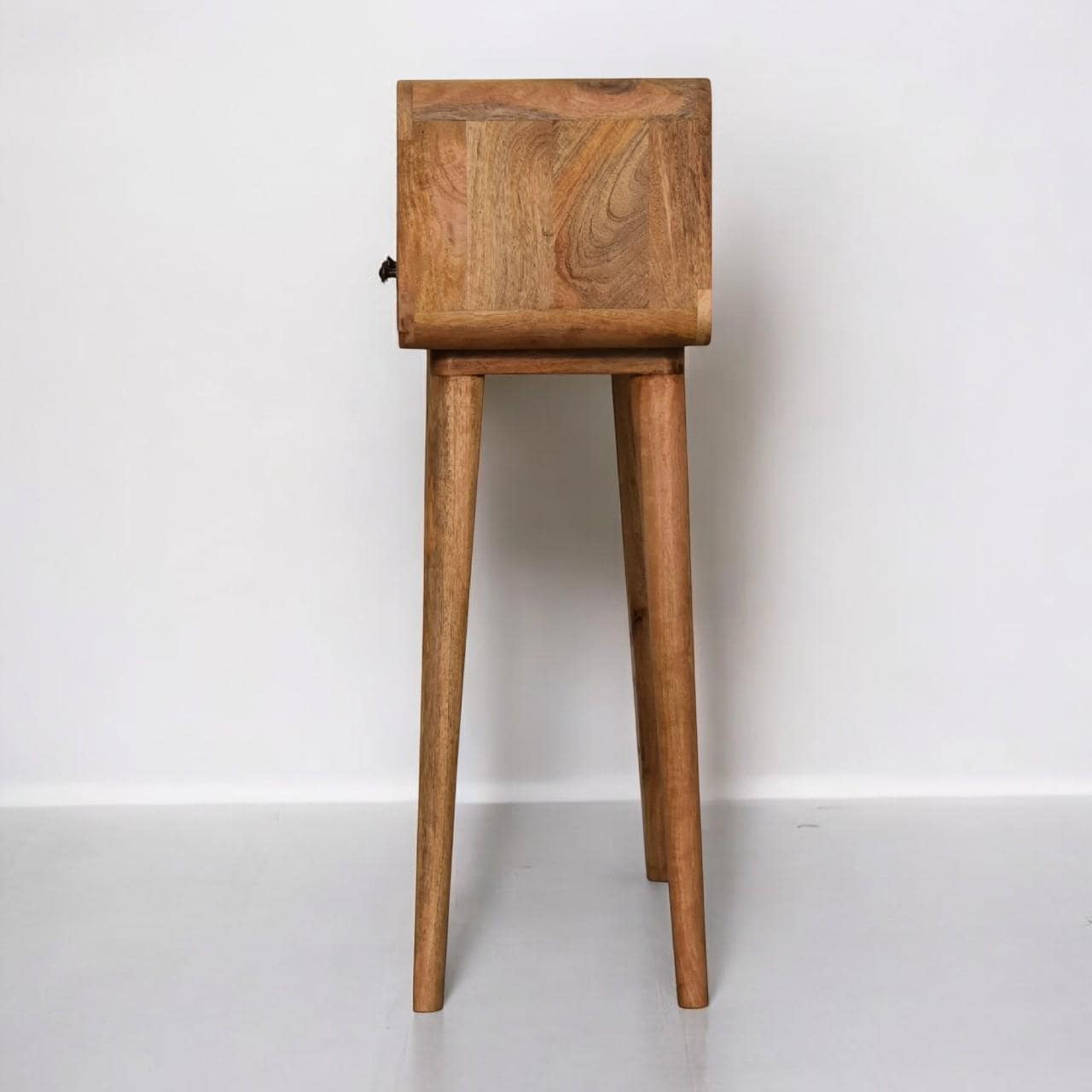 Mini Curved Oak-ish Console Table | Solid Mango Wood Hallway Table with Drawers & Shelf