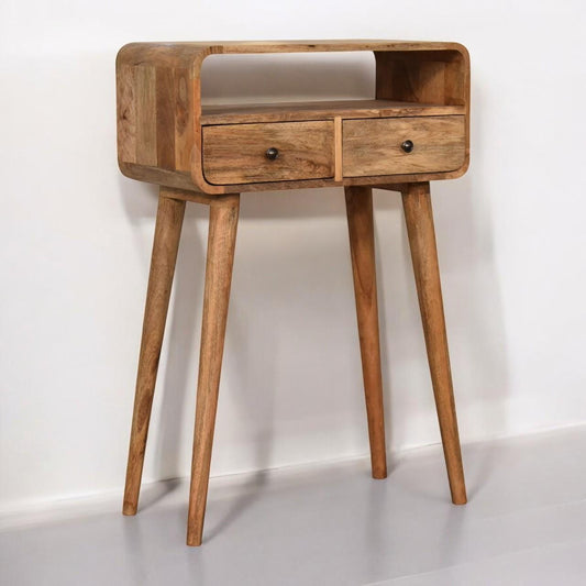 Mini Curved Oak-ish Console Table | Solid Mango Wood Hallway Table with Drawers & Shelf