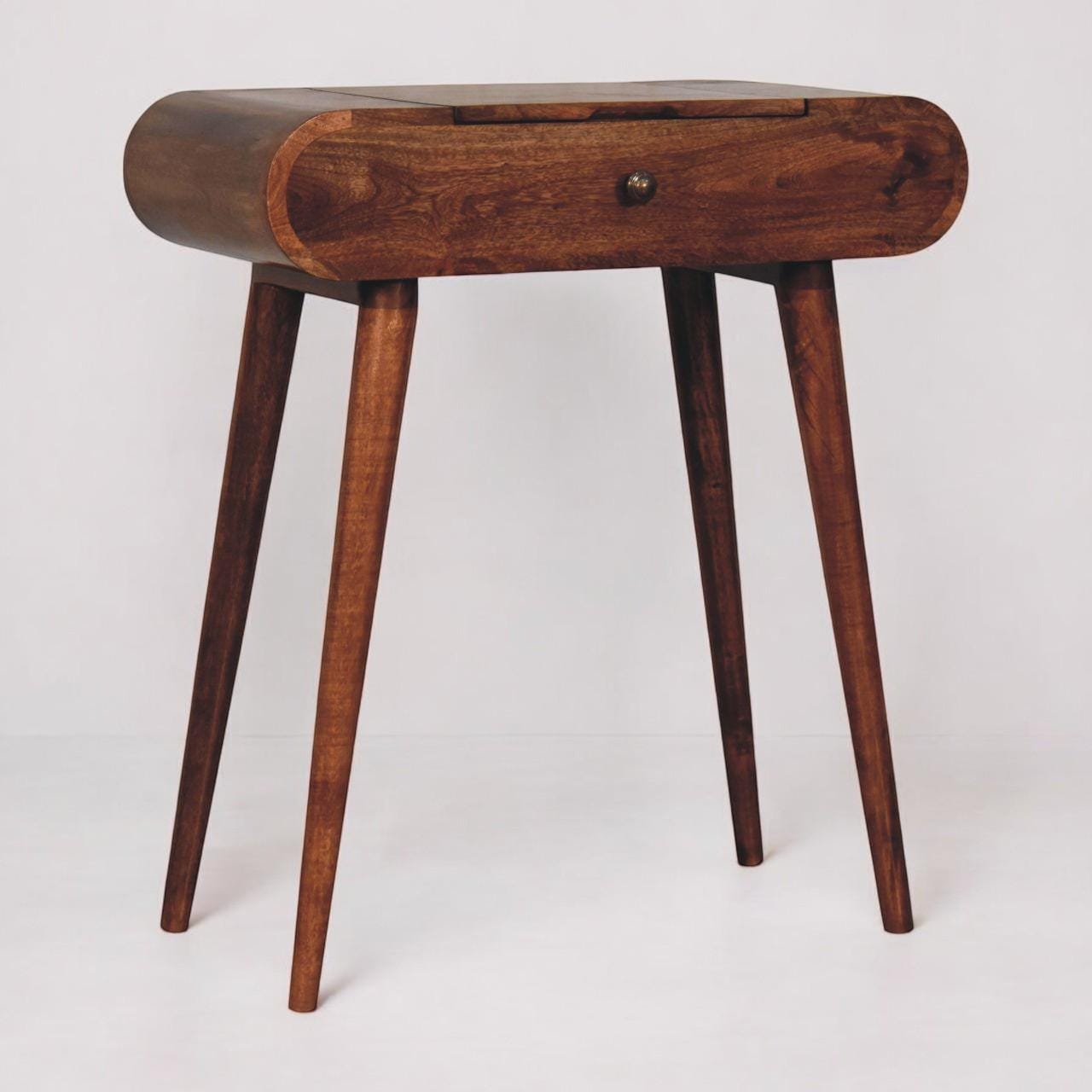 Honey Caramel Dressing Table | Solid Wood Vanity with Foldable Mirror & Storage