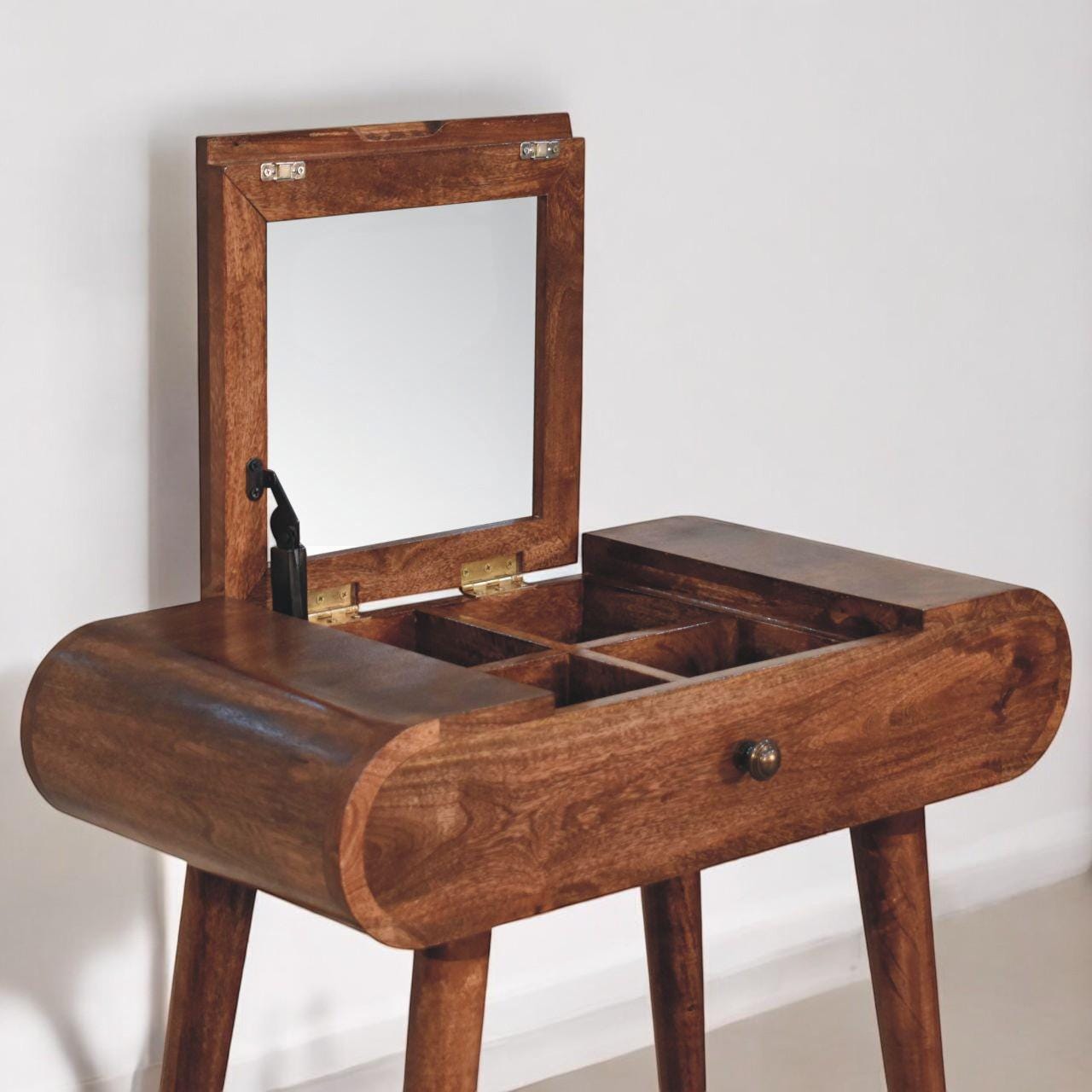 Honey Caramel Dressing Table | Solid Wood Vanity with Foldable Mirror & Storage