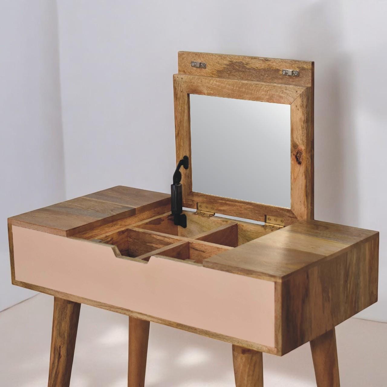Mini Pink Dressing Table with Foldable Mirror - Solid Mango Wood | Oak-ish Finish | Nordic Design