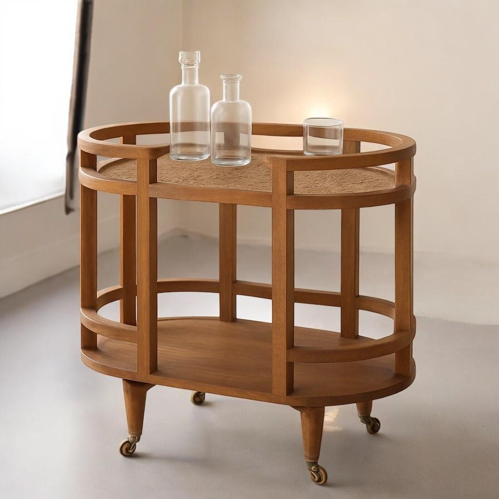 Rattan Butler Table – Handcrafted Solid Mango Wood Serving - Woven Rattan Shelves & Brass Castors