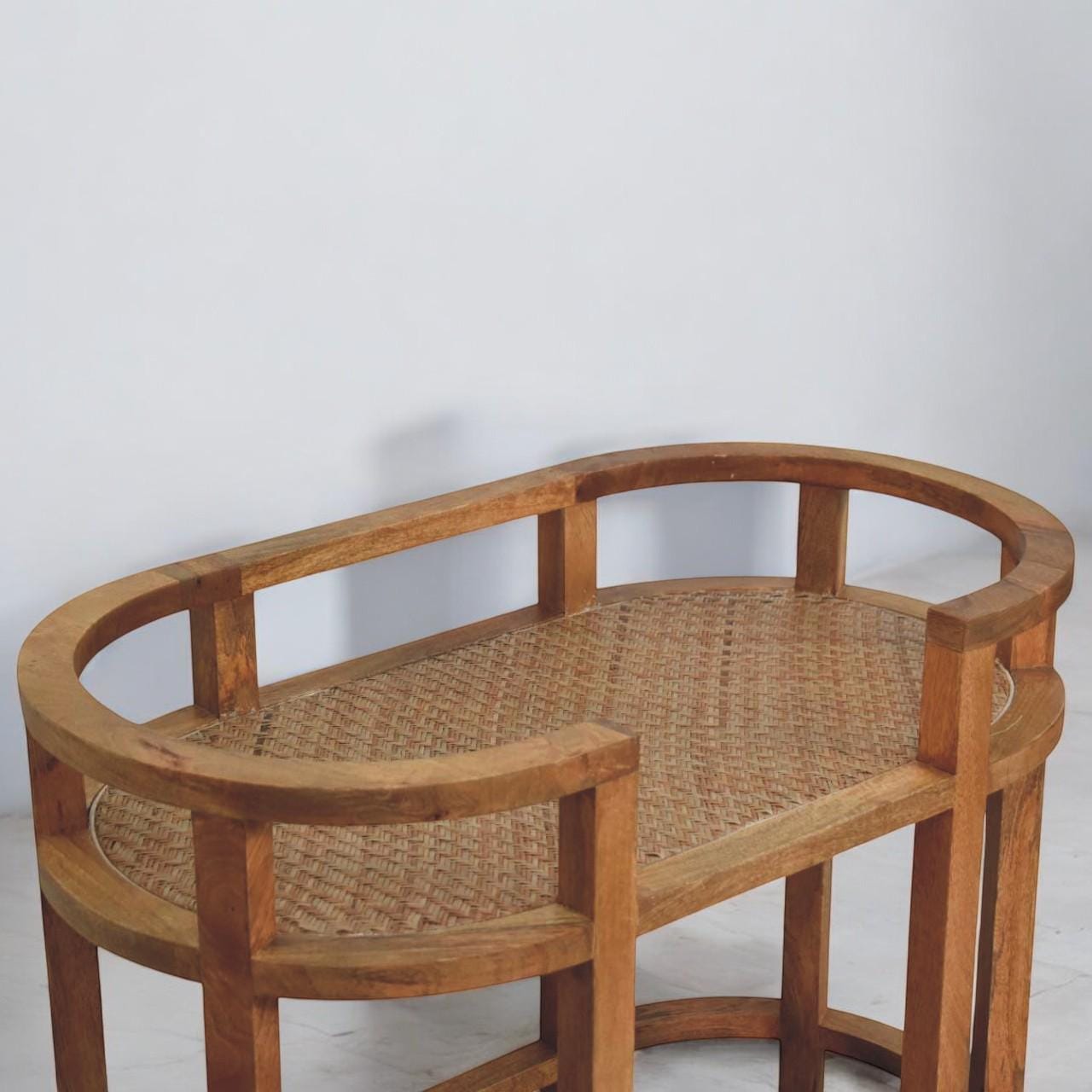 Rattan Butler Table – Handcrafted Solid Mango Wood Serving - Woven Rattan Shelves & Brass Castors