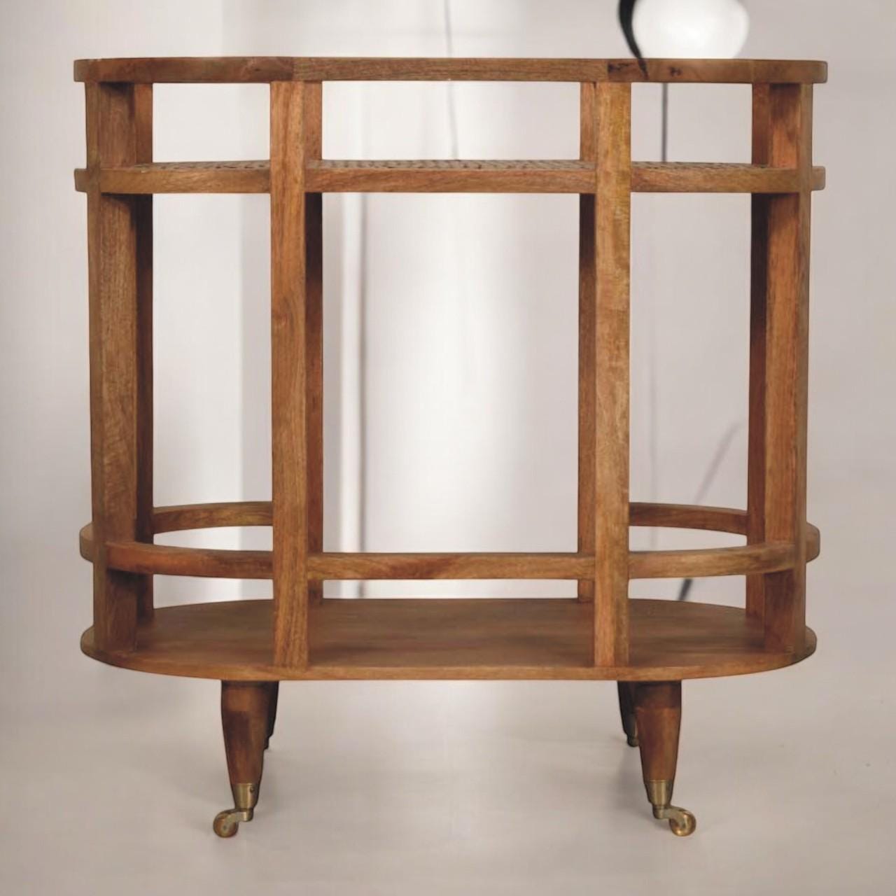 Rattan Butler Table – Handcrafted Solid Mango Wood Serving - Woven Rattan Shelves & Brass Castors