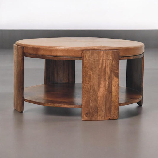 Handcrafted Round Leather Coffee Table | Solid Mango Wood with Shelf