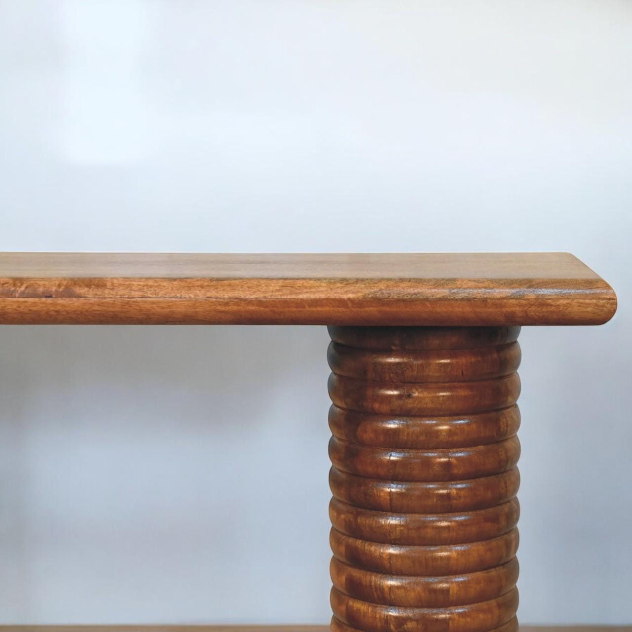 Sculpted Leg Console Table | Solid Mango Wood | Amber Oak Finish | Handcrafted Statement Console