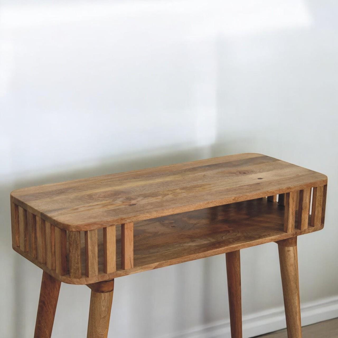 Slatted Oak-ish Console Table | Solid Mango Wood | Sculptural Mid-Century Console