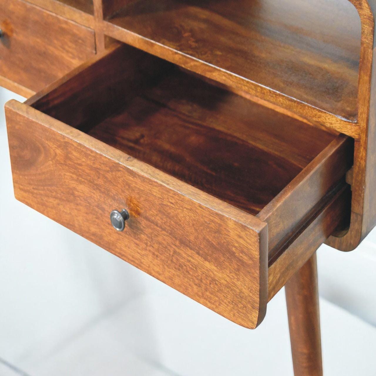Triple Curved Chestnut Console Table | Solid Mango Wood Hallway Table | Mid-Century