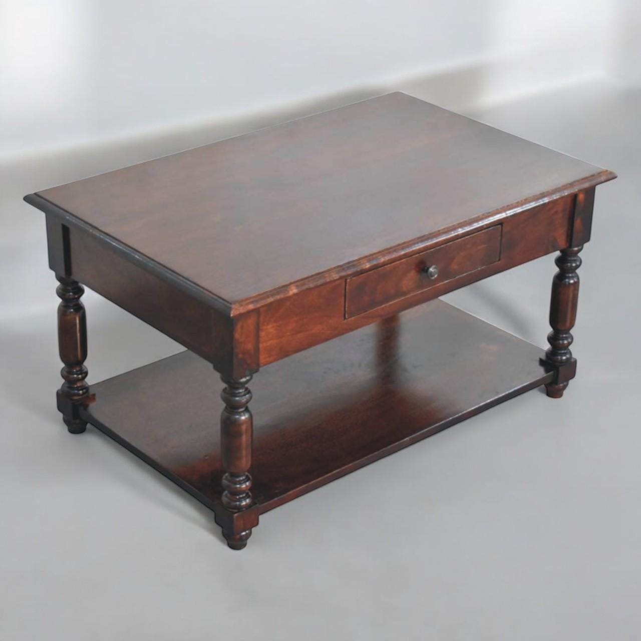 Turned Leg Console Table - Mango Wood with Drawer and Shelf - Chestnut Finish