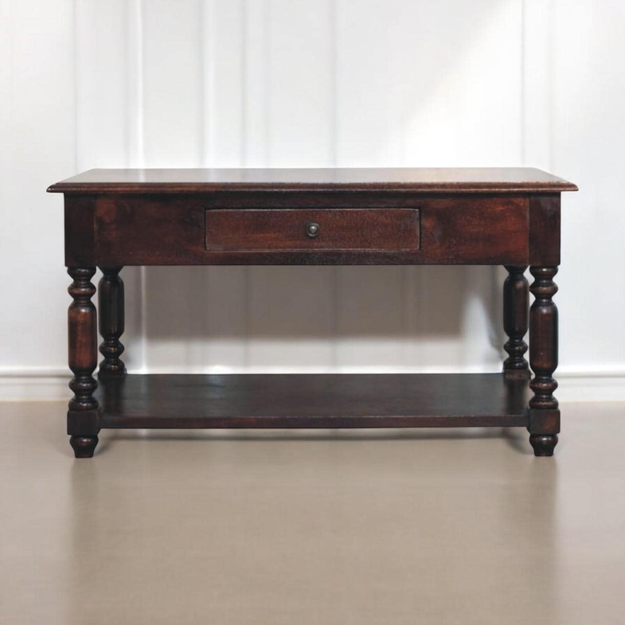 Turned Leg Console Table - Mango Wood with Drawer and Shelf - Chestnut Finish