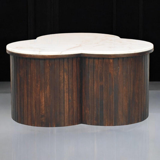 Verona Marble Coffee Table - Fluted Mango Wood Clover Shape - Modern Design