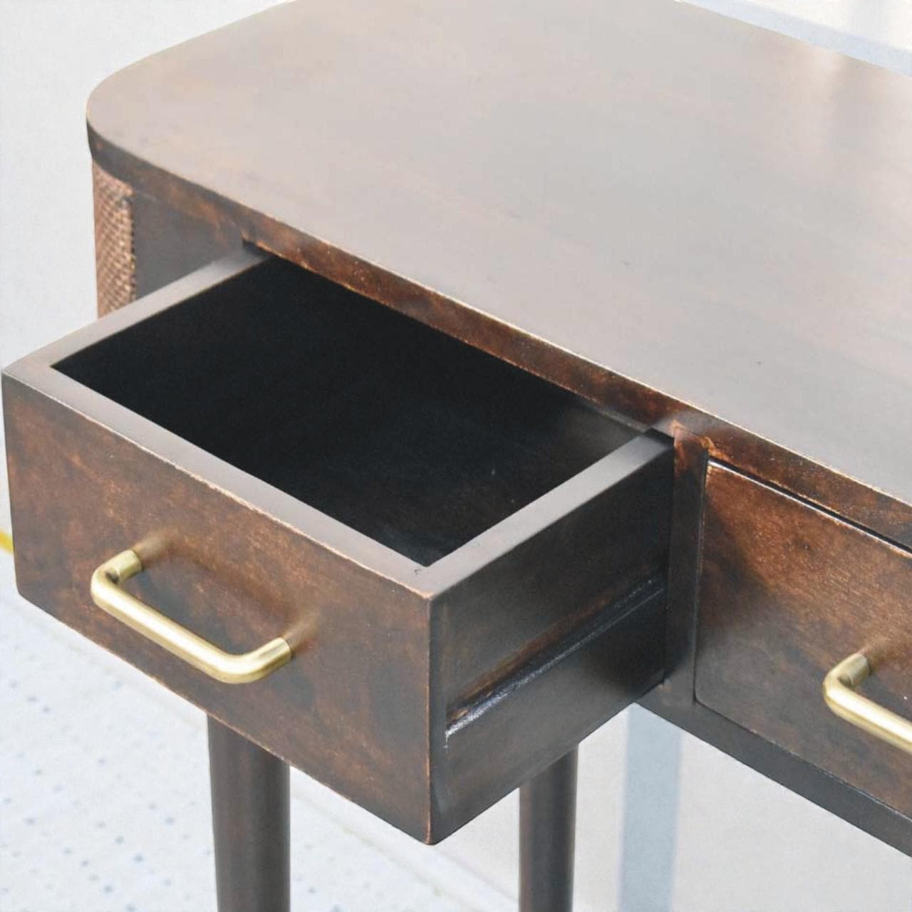 Belmont Console Table – Solid Mango Wood Console with Rattan Panels & Brass Details |