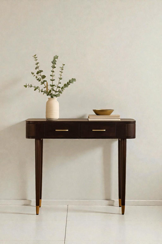 Belmont Console Table – Solid Mango Wood Console with Rattan Panels & Brass Details |