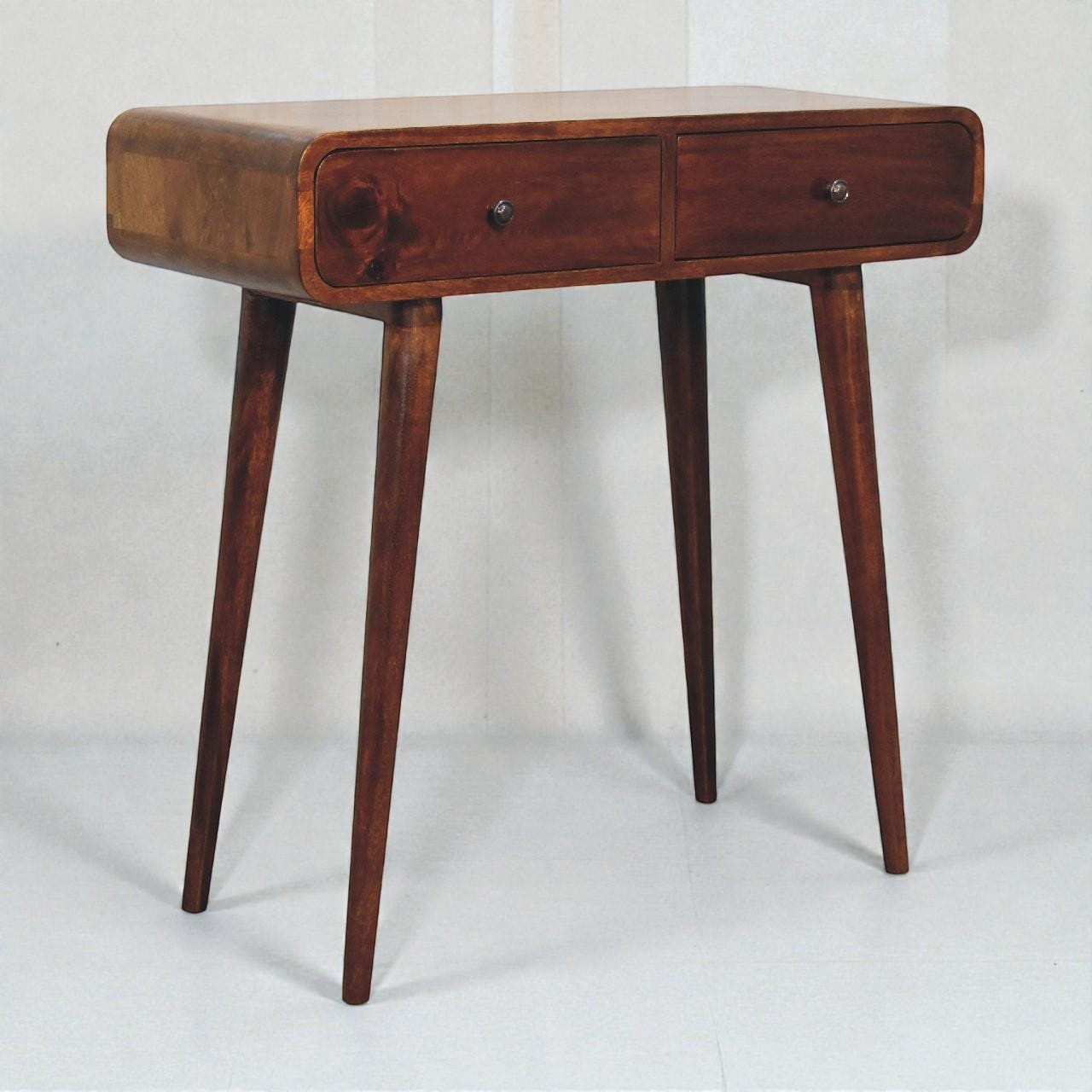 Chestnut Curved Hallway Console Table | Solid Mango Wood Entryway Table | Mid-Century Nordic Design