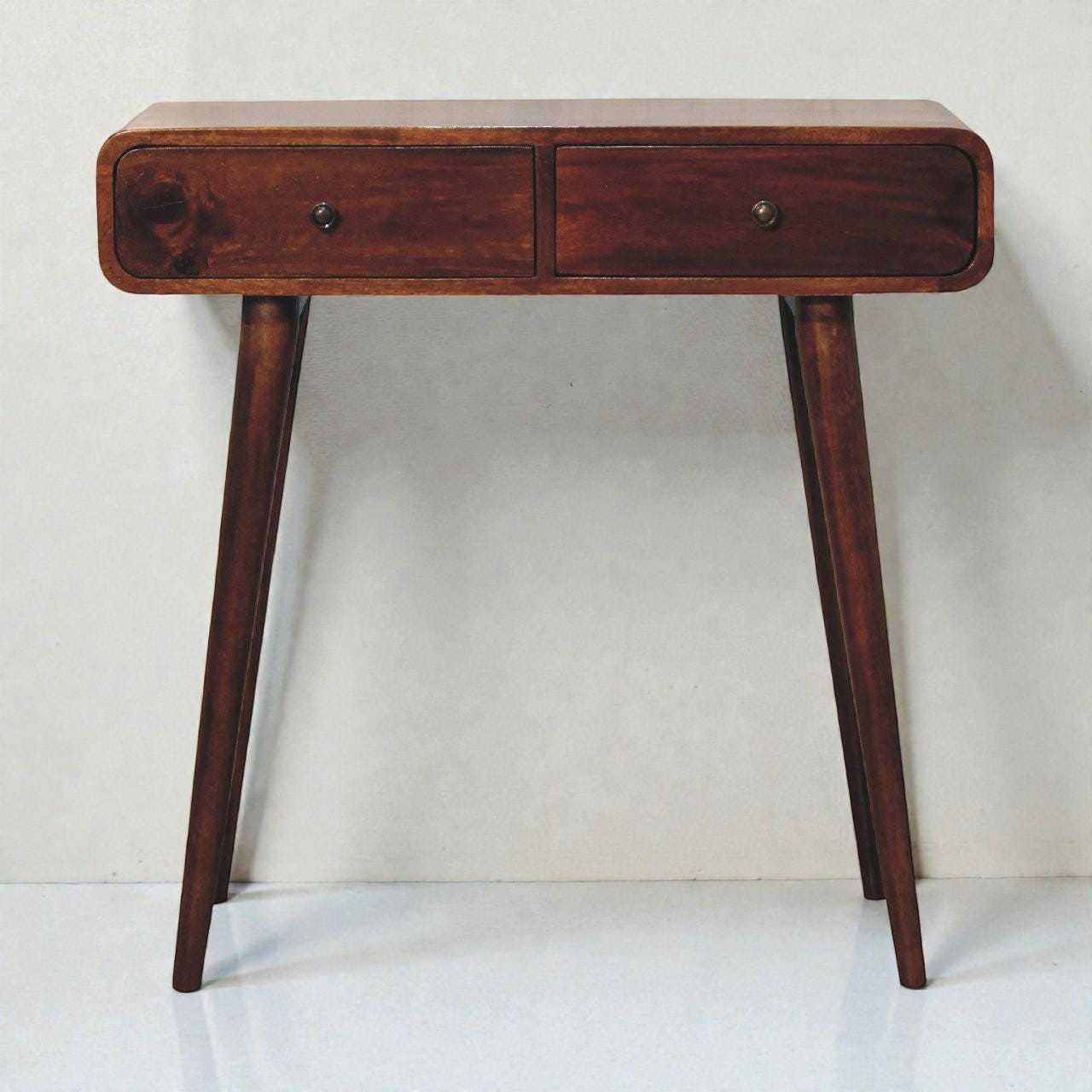 Chestnut Curved Hallway Console Table | Solid Mango Wood Entryway Table | Mid-Century Nordic Design