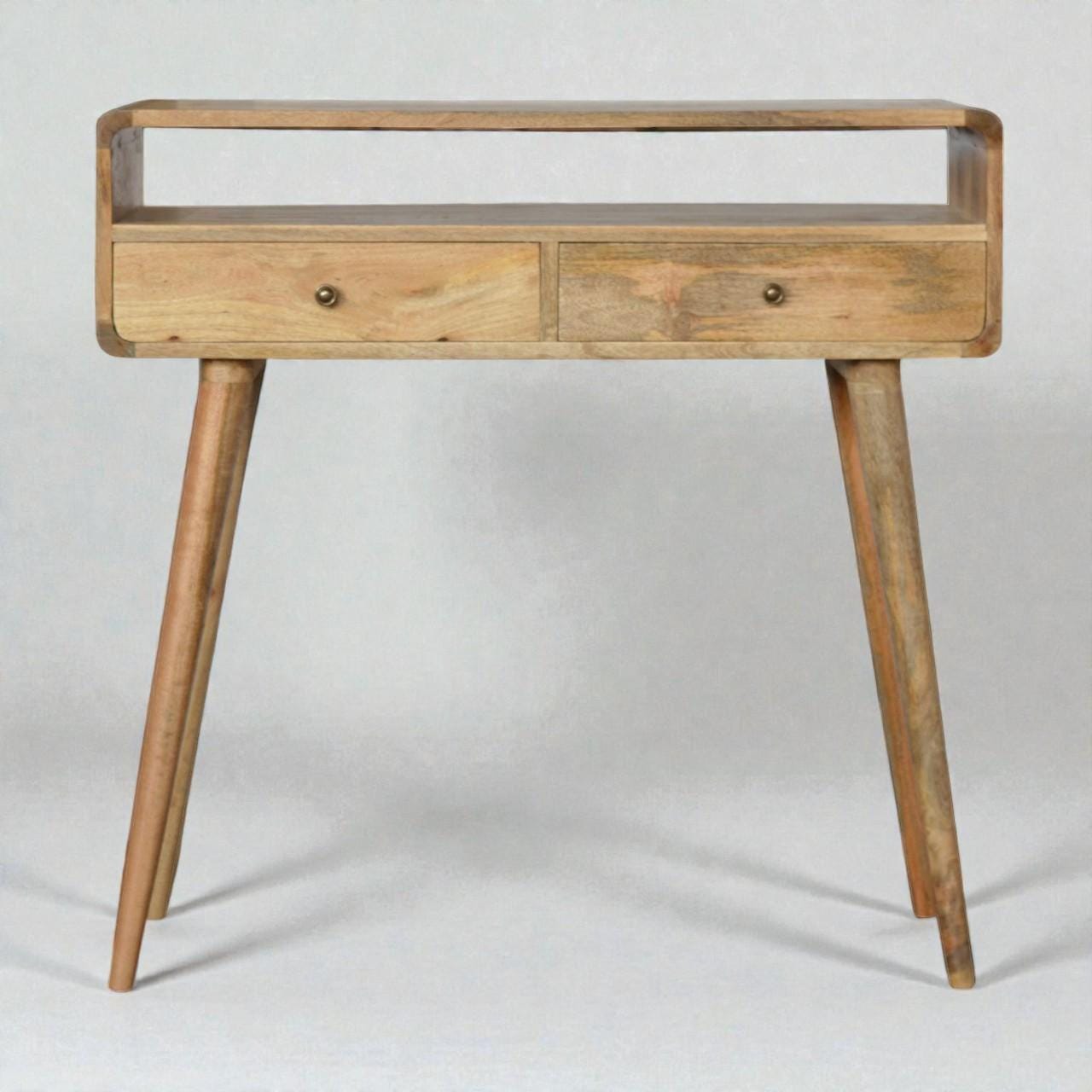 Curved Oak-Finish Console Table – Solid Mango Wood | Nordic Legs | Entryway & Living Room Storage