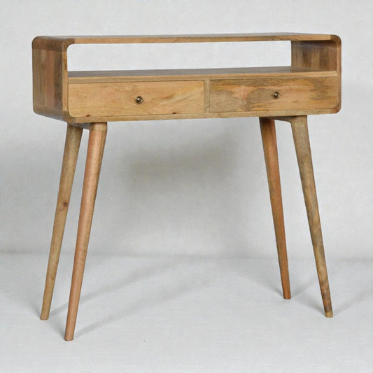 Curved Oak-Finish Console Table – Solid Mango Wood | Nordic Legs | Entryway & Living Room Storage