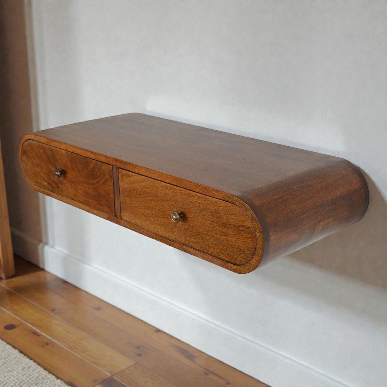 Floating Chestnut Curved Wall Console with Drawers – Solid Wood Storage Shelf