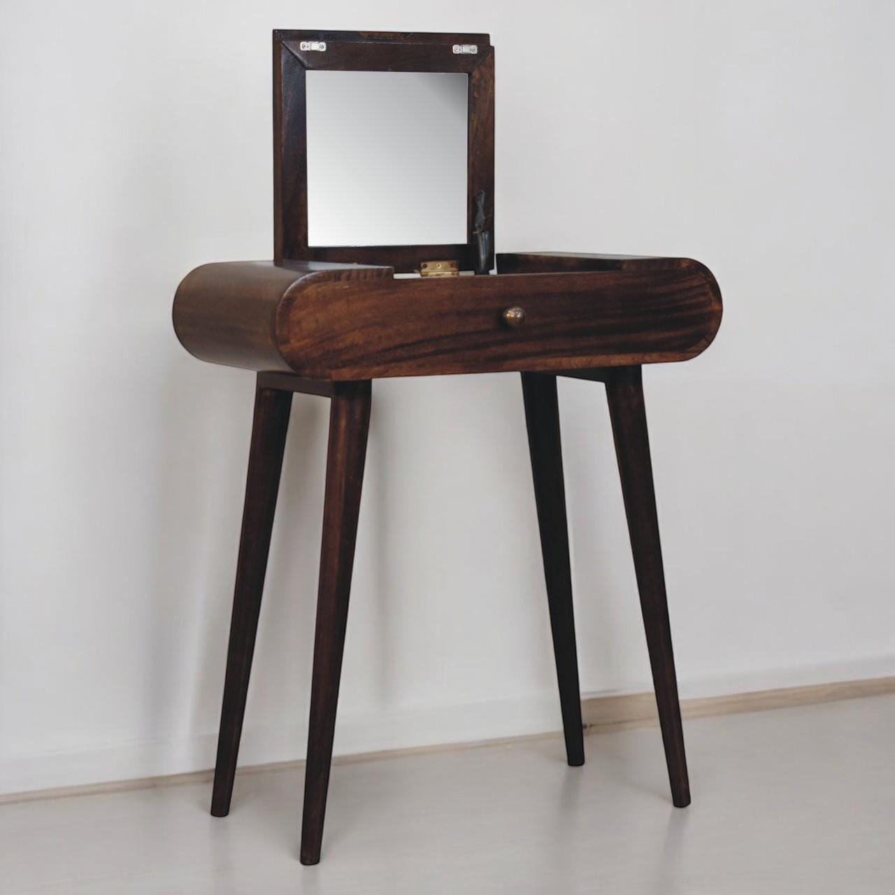 Mini California Walnut Dressing Table - Solid Mango Wood Vanity | Foldable Mirror | Scandinavian Makeup Table