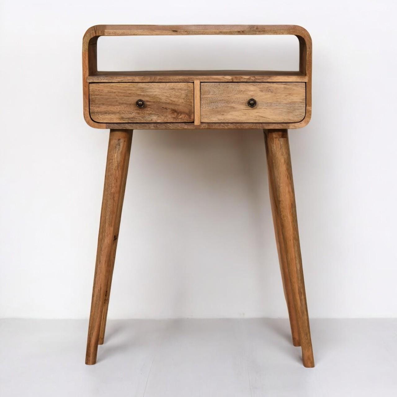 Mini Curved Oak-ish Console Table | Solid Mango Wood Hallway Table with Drawers & Shelf