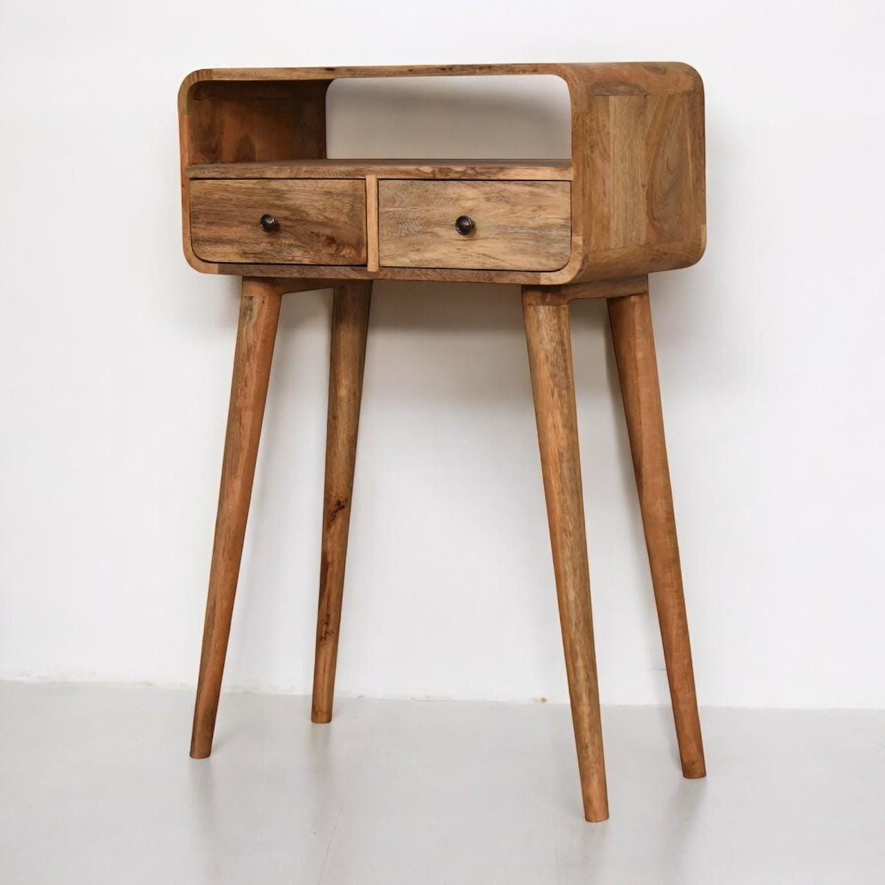 Mini Curved Oak-ish Console Table | Solid Mango Wood Hallway Table with Drawers & Shelf