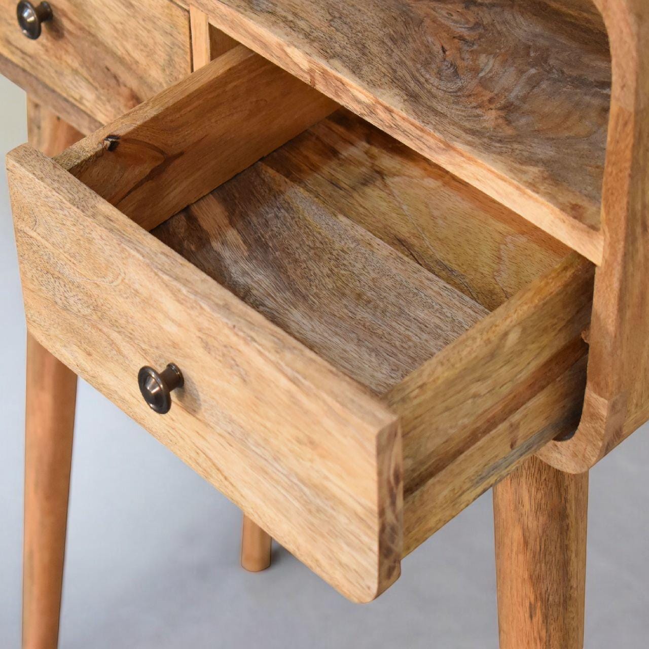 Mini Curved Oak-ish Console Table | Solid Mango Wood Hallway Table with Drawers & Shelf