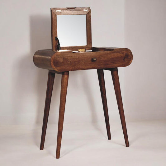 Honey Caramel Dressing Table | Solid Wood Vanity with Foldable Mirror & Storage