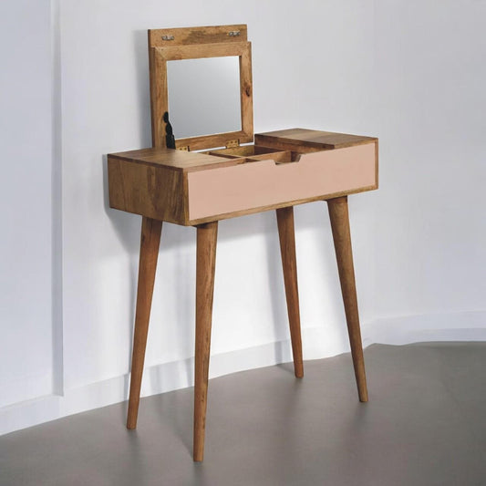 Mini Pink Dressing Table with Foldable Mirror - Solid Mango Wood | Oak-ish Finish | Nordic Design