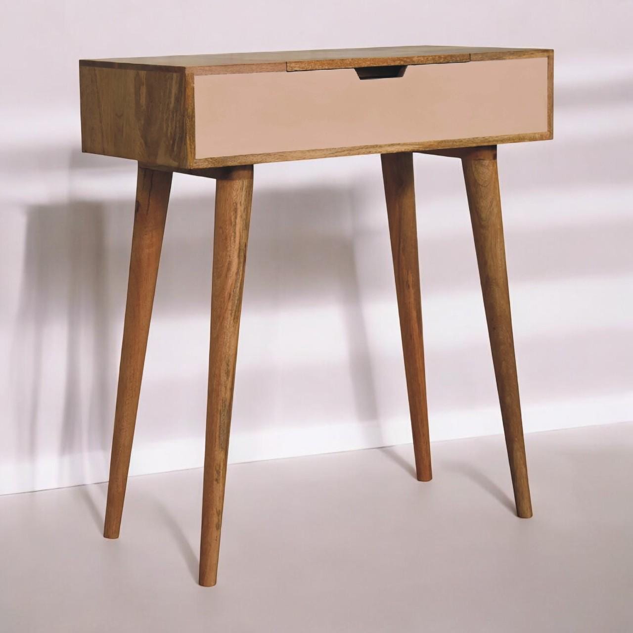 Mini Pink Dressing Table with Foldable Mirror - Solid Mango Wood | Oak-ish Finish | Nordic Design