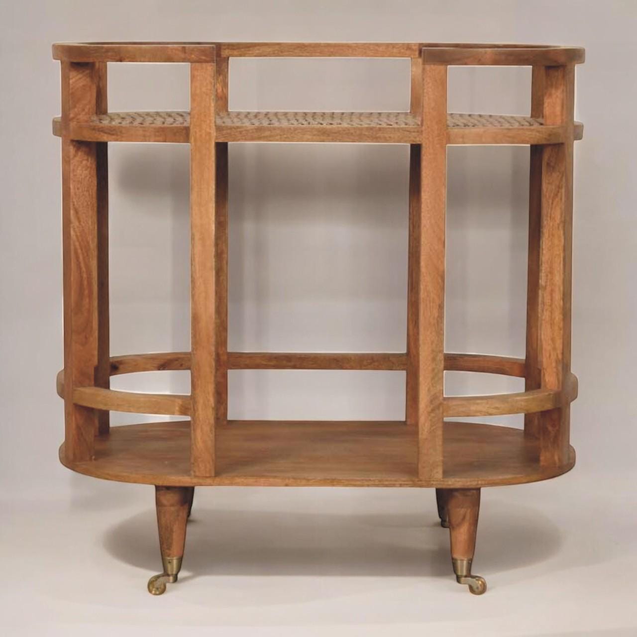Rattan Butler Table – Handcrafted Solid Mango Wood Serving - Woven Rattan Shelves & Brass Castors