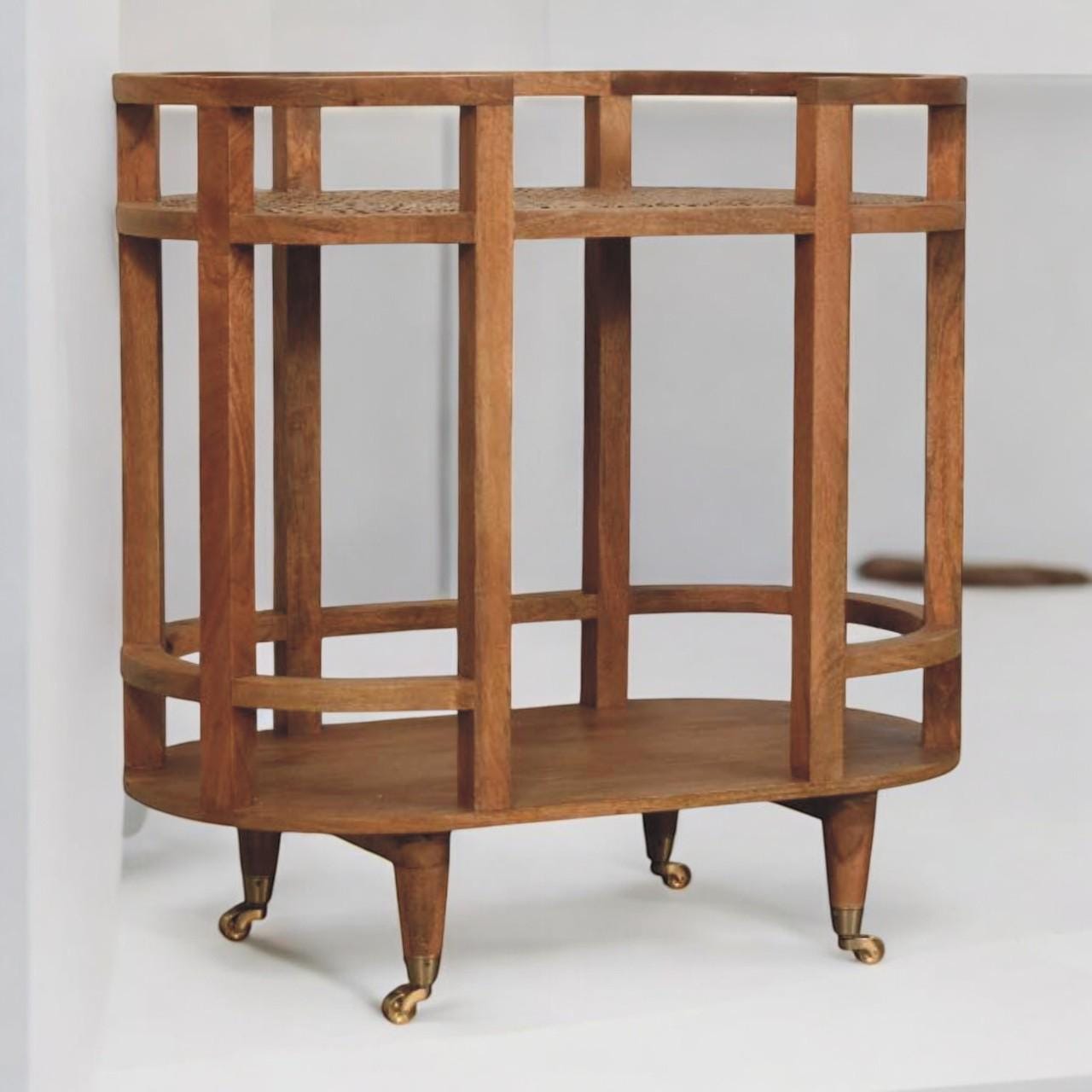 Rattan Butler Table – Handcrafted Solid Mango Wood Serving - Woven Rattan Shelves & Brass Castors