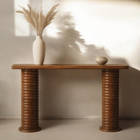 Sculpted Leg Console Table | Solid Mango Wood | Amber Oak Finish | Handcrafted Statement Console