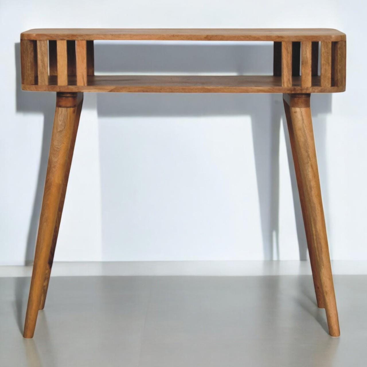 Slatted Oak-ish Console Table | Solid Mango Wood | Sculptural Mid-Century Console
