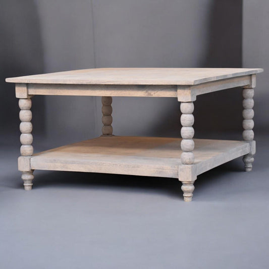 Spindle Acid Wash Coffee Table | Solid Mango Wood | Rustic Coastal Living Room Table