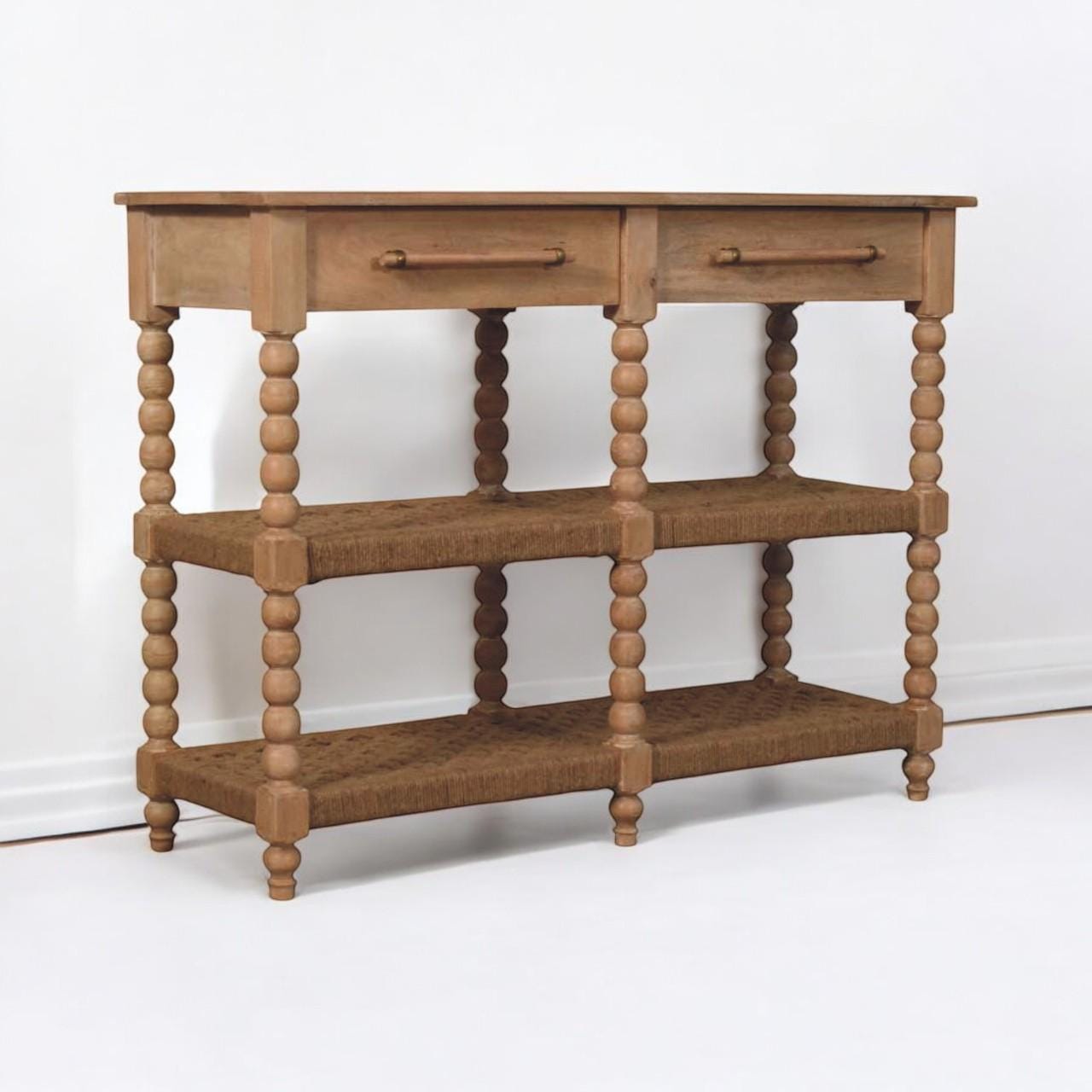 Spindle Console Table with Jute Shelves – Solid Mango Wood Farmhouse Entryway Table