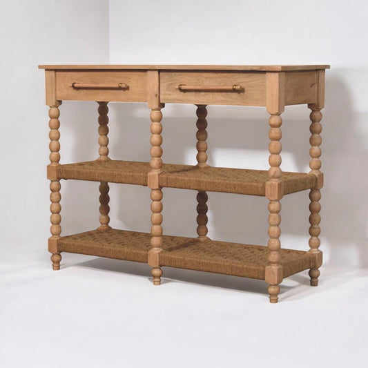 Spindle Console Table with Jute Shelves – Solid Mango Wood Farmhouse Entryway Table