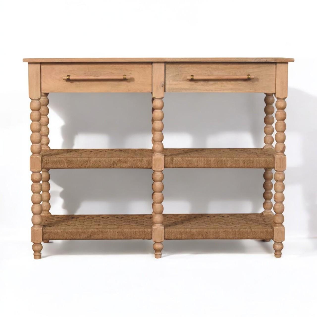 Spindle Console Table with Jute Shelves – Solid Mango Wood Farmhouse Entryway Table