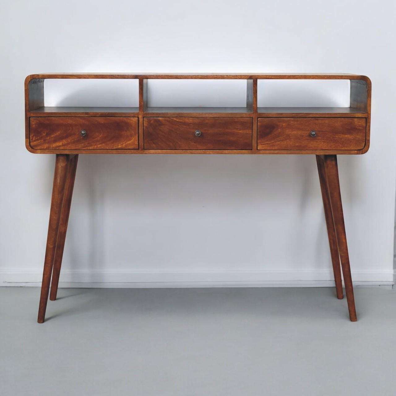 Triple Curved Chestnut Console Table | Solid Mango Wood Hallway Table | Mid-Century