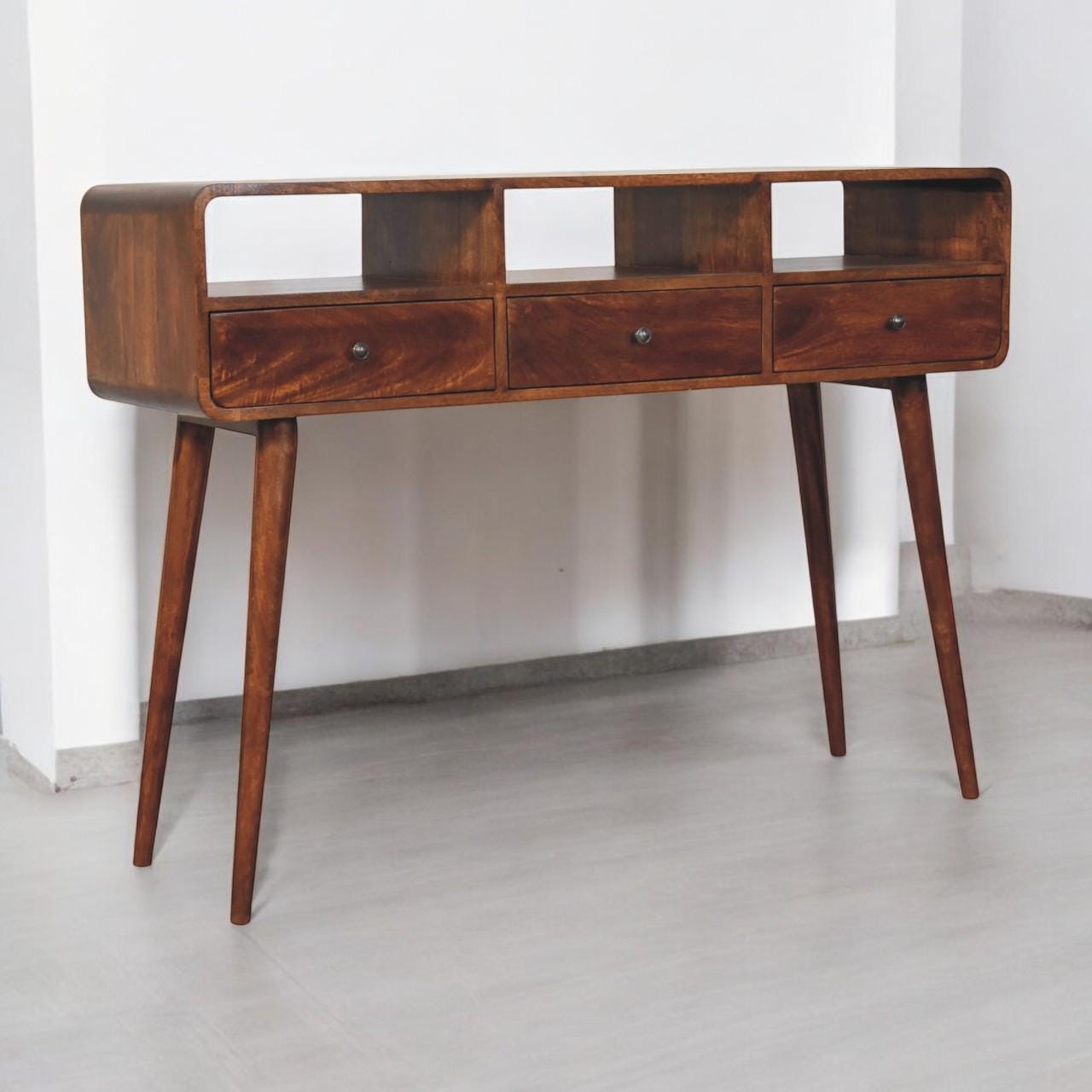 Triple Curved Chestnut Console Table | Solid Mango Wood Hallway Table | Mid-Century
