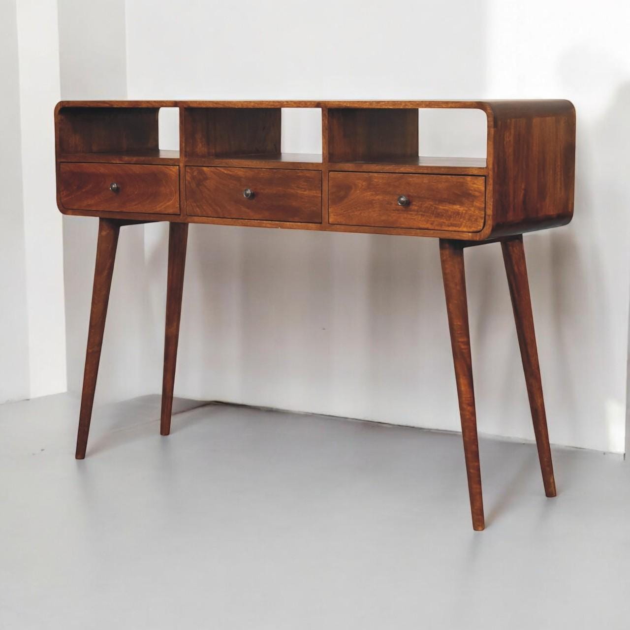 Triple Curved Chestnut Console Table | Solid Mango Wood Hallway Table | Mid-Century