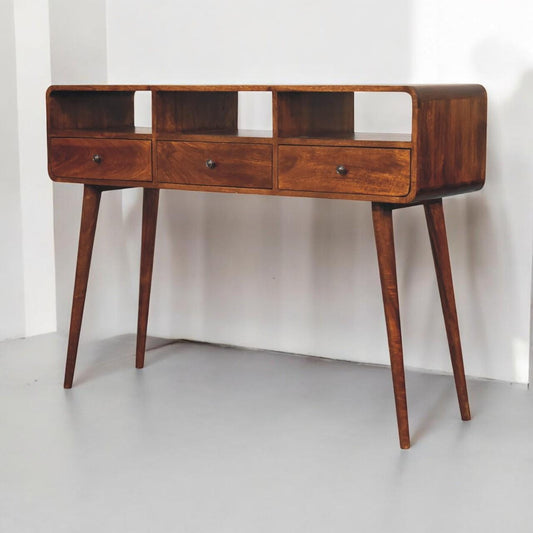 Triple Curved Chestnut Console Table | Solid Mango Wood Hallway Table | Mid-Century