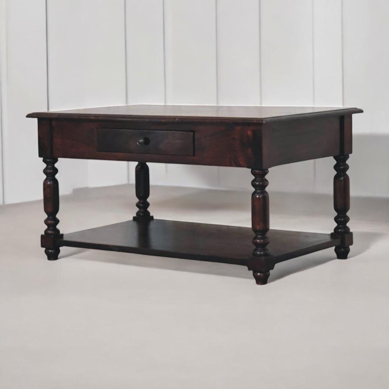 Turned Leg Console Table - Mango Wood with Drawer and Shelf - Chestnut Finish