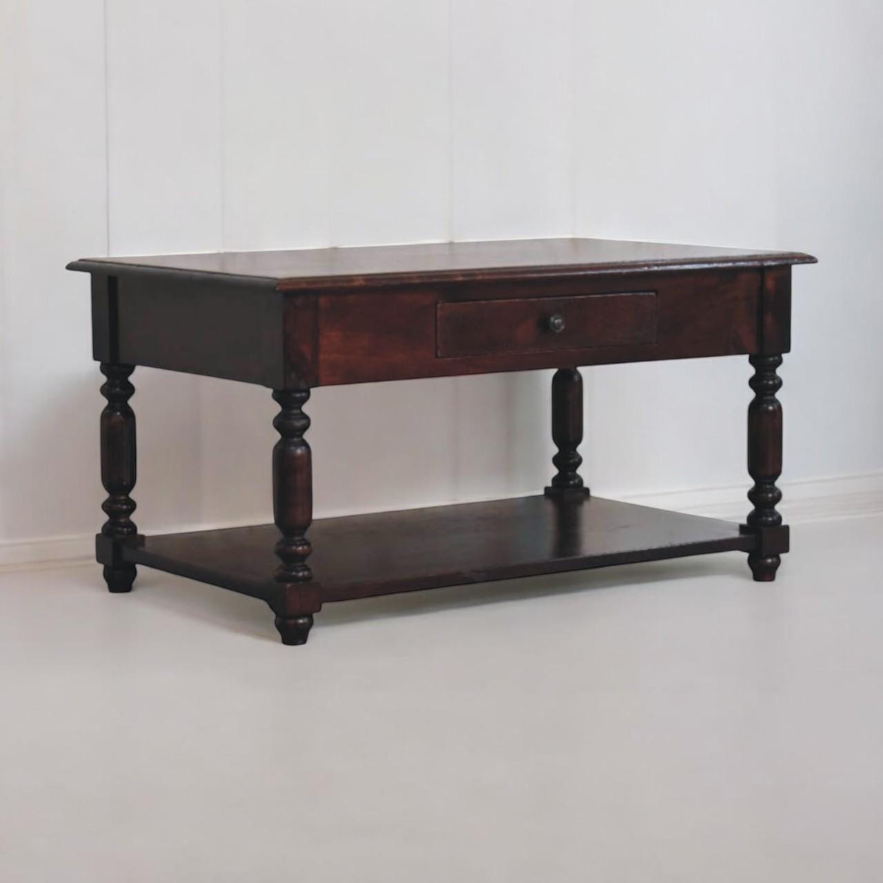 Turned Leg Console Table - Mango Wood with Drawer and Shelf - Chestnut Finish