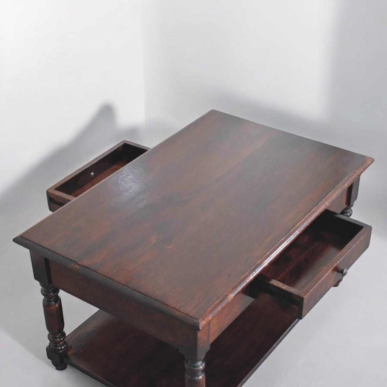 Turned Leg Console Table - Mango Wood with Drawer and Shelf - Chestnut Finish