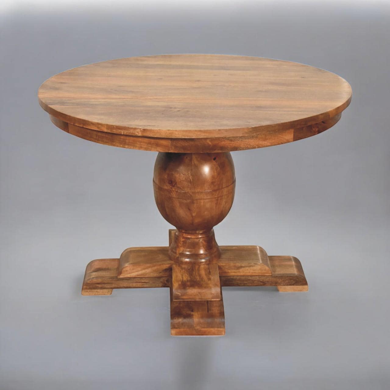 Wentworth Round Mango Wood Dining Table with Pedestal Base in Golden Teak